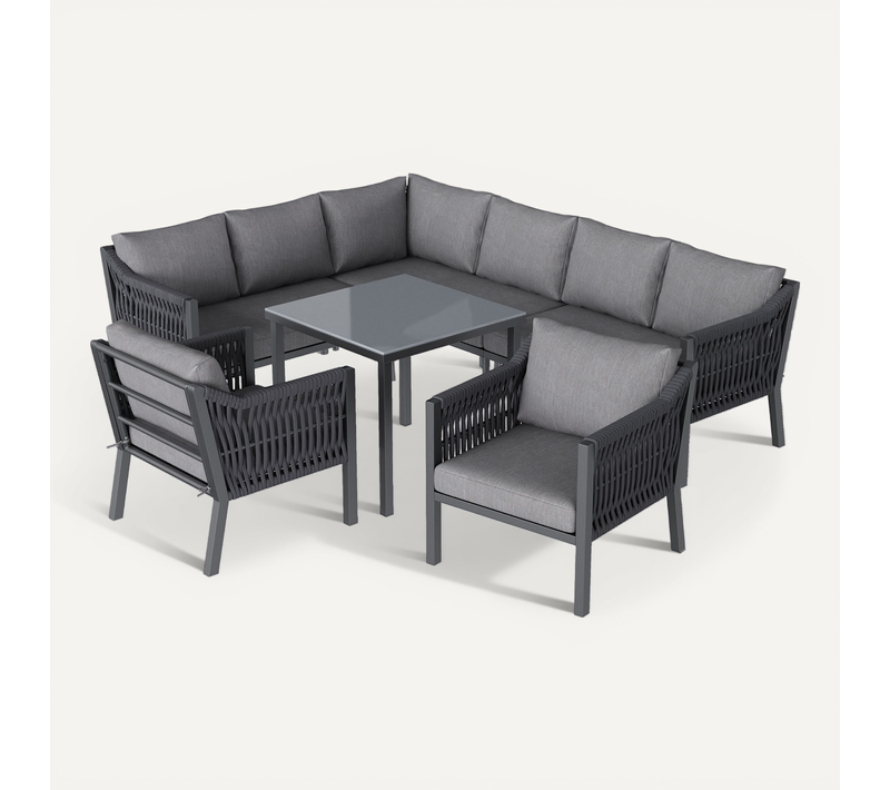 Salon De Jardin 8 Places, Angle Convivial, Acier Et Polyester Gris