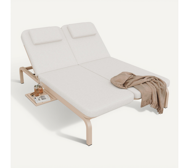 Bain De Soleil Double Dossier Réglable, Tablette Latérale Polyester Beige