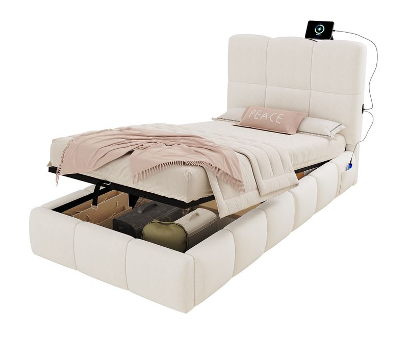 Lit Simple 90x200 Cm, Rangement Hydraulique USB, Velours Beige