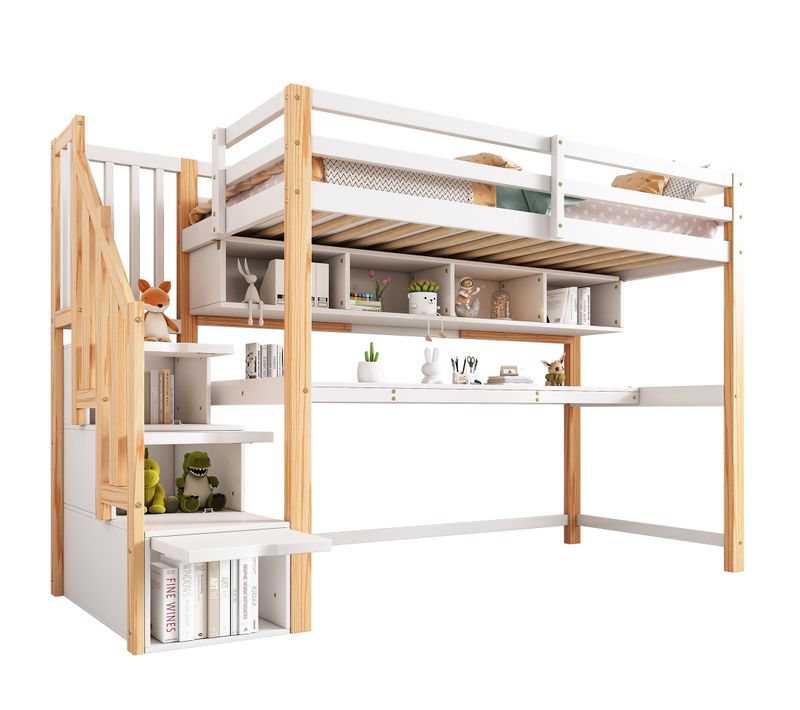 Lit Mezzanine Enfant Avec Bureau Et Rangements 90 X 200 Cm Blanc Et Chêne