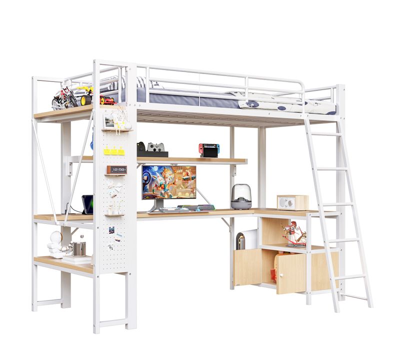Lit Mezzanine Avec Bureau 90 X 200 Cm LED Et Rangements Blanc