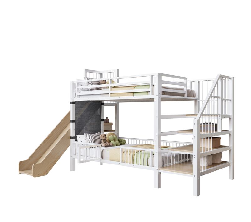 Lit Mezzanine Enfant 90 X 200 Cm Avec Toboggan Et Escalier Blanc