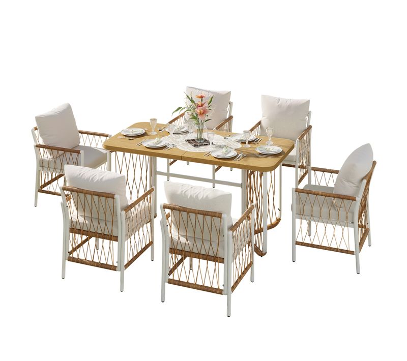 Ensemble table et 6 chaises extérieur 159,5x77,5x75 cm Beige Marron Naturel Jardin Terrasse