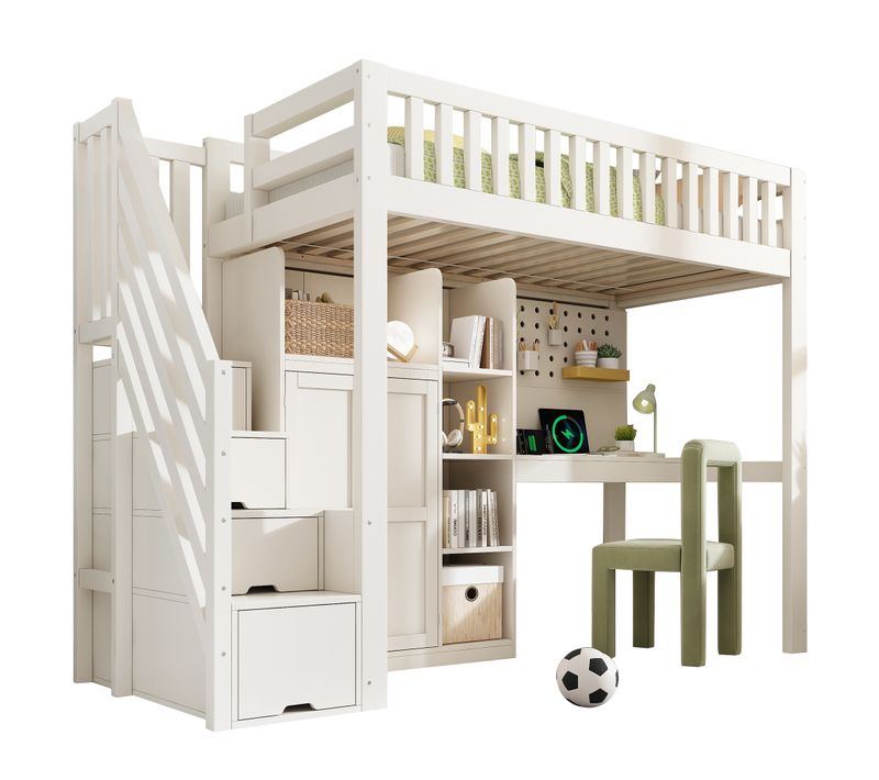 Lit Mezzanine Enfant 90 X 200 Cm Avec Bureau, Rangement Et Armoire Blanc