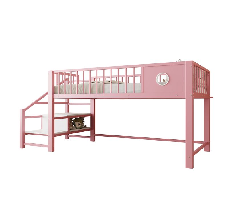Lit Mezzanine Bas Enfant Avec échelle De Rangement 90 X 200 Cm Rose