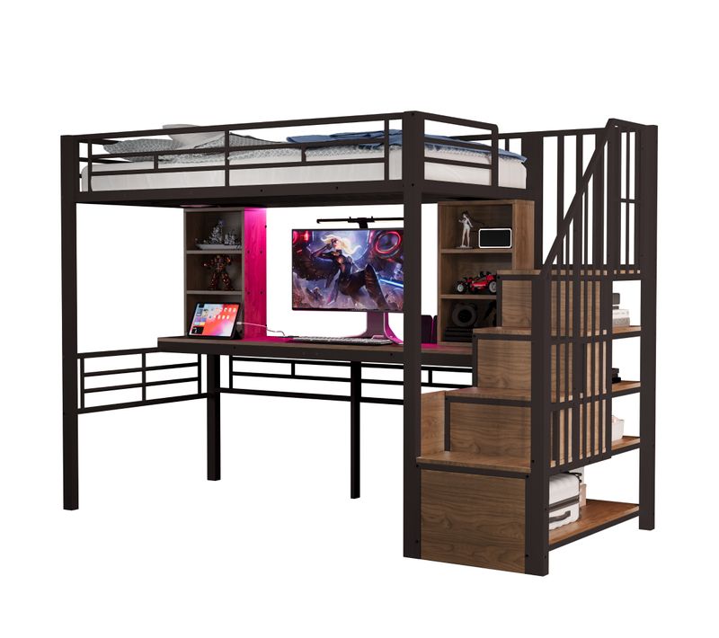 Lit Mezzanine 90x200 Cm Avec Bureau, Rangements, Escalier Et LED Noir