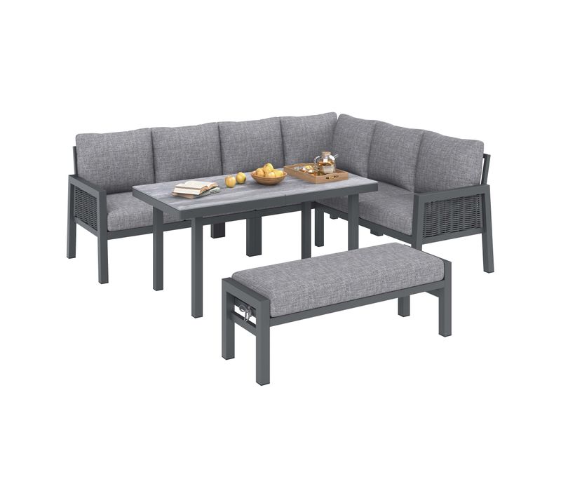 Salon De Jardin Repas 8 Places Avec Table 140 X 70 Cm Gris