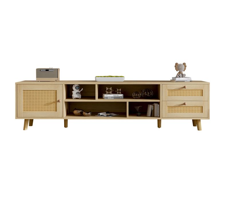 Meuble TV 160 X 39 X 40 Cm, Porte En Rotin, Avec 2 Tiroirs + 4 Niches, Couleur Bois