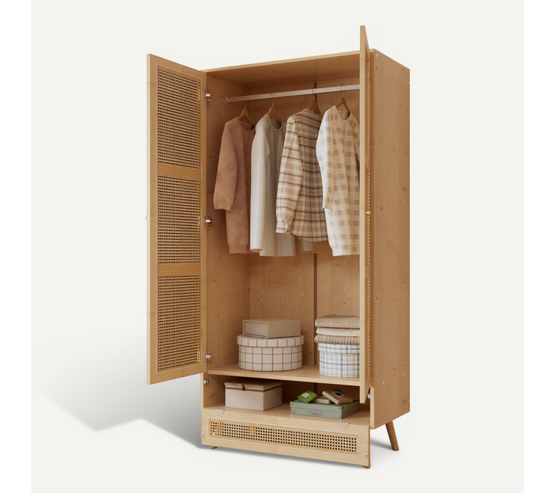Armoire De Chambre 183 Cm, Style Naturel, Portes En Rotin, Tiroir Bas, Panneaux De Particules