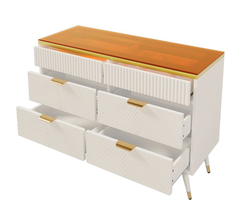Commode 6 Tiroirs Avec Séparateurs Et Sécurité Anti-basculement, Blanc, Verre Et Panneaux Bois