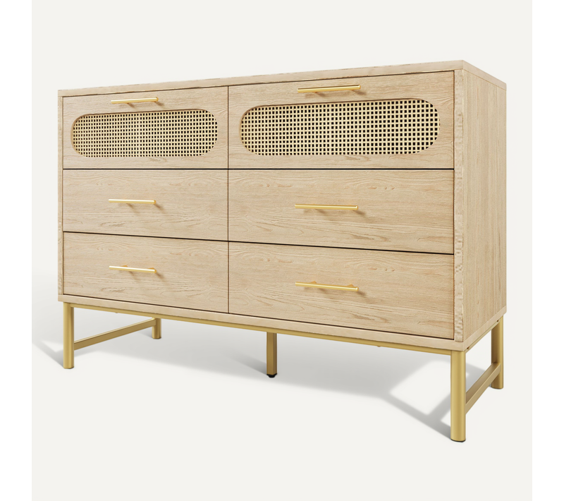 Commode 6 Tiroirs Effet Rotin, Grand Rangement, Pieds Réglables, Coloris Chêne Sonoma