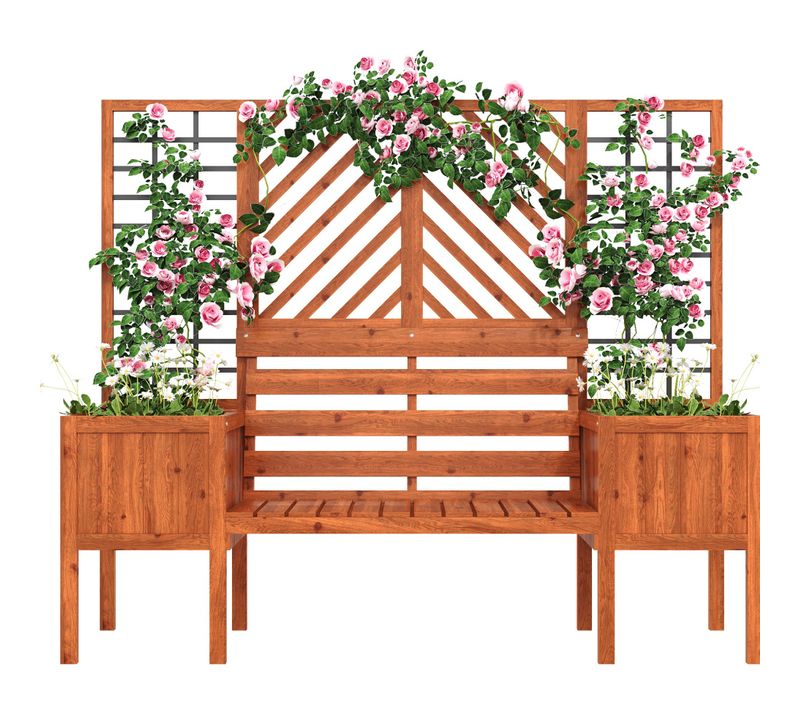 Jardinière Avec Treillis Et Assise, Grand Bac Pour Plantes Grimpantes, Bois Massif Brun