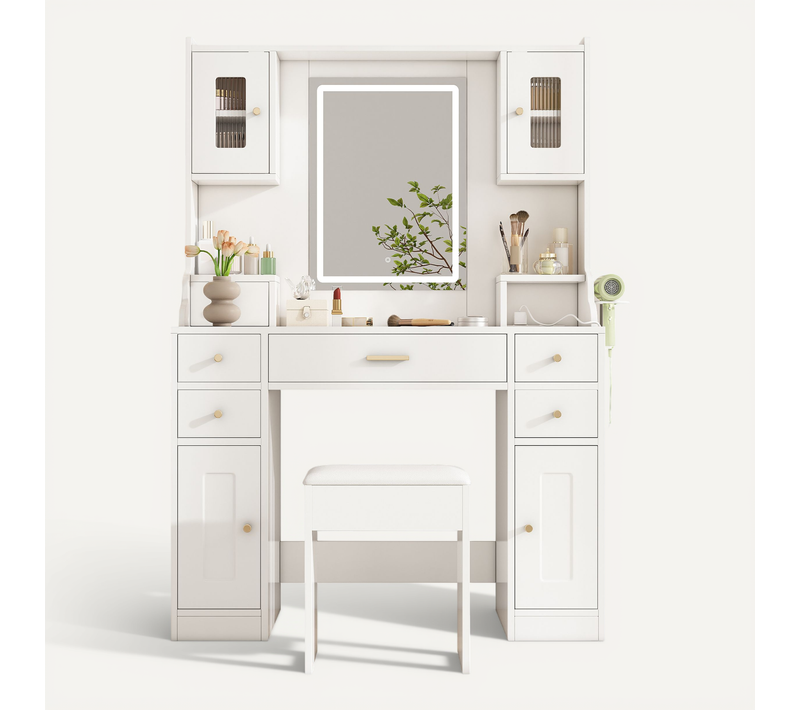 Coiffeuse Avec Miroir LED, 6 Tiroirs, 4 Portes, Prises Intégrées, 105x40x152 Cm, Blanc