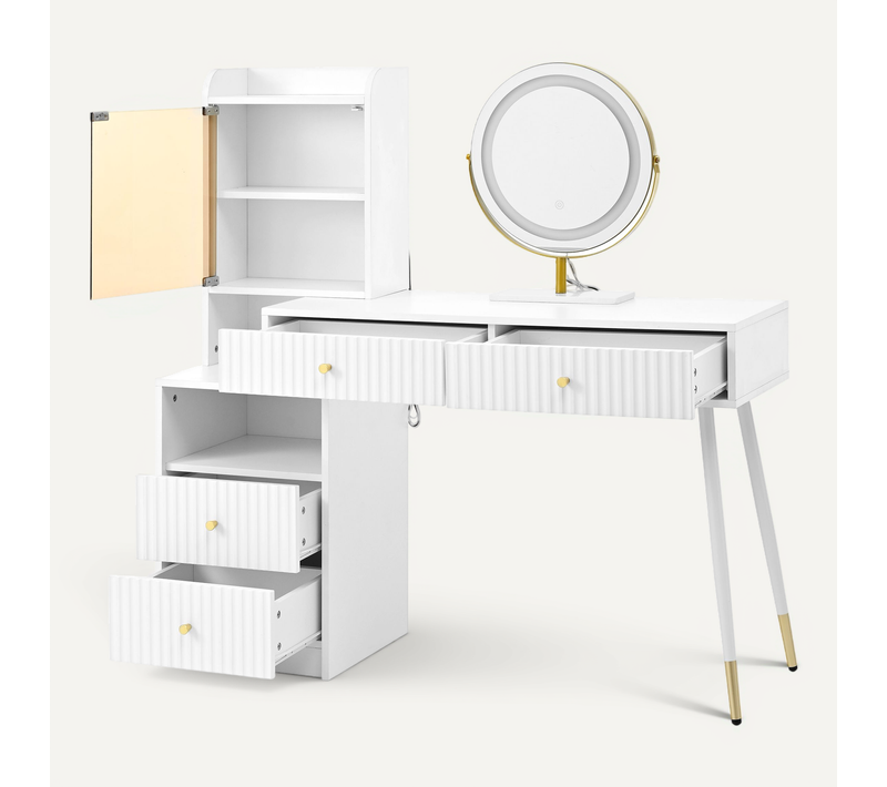 Coiffeuse Avec Miroir LED 3 Teintes, 4 Tiroirs, Vitrine Lumineuse, Blanc, Panneaux De Particules