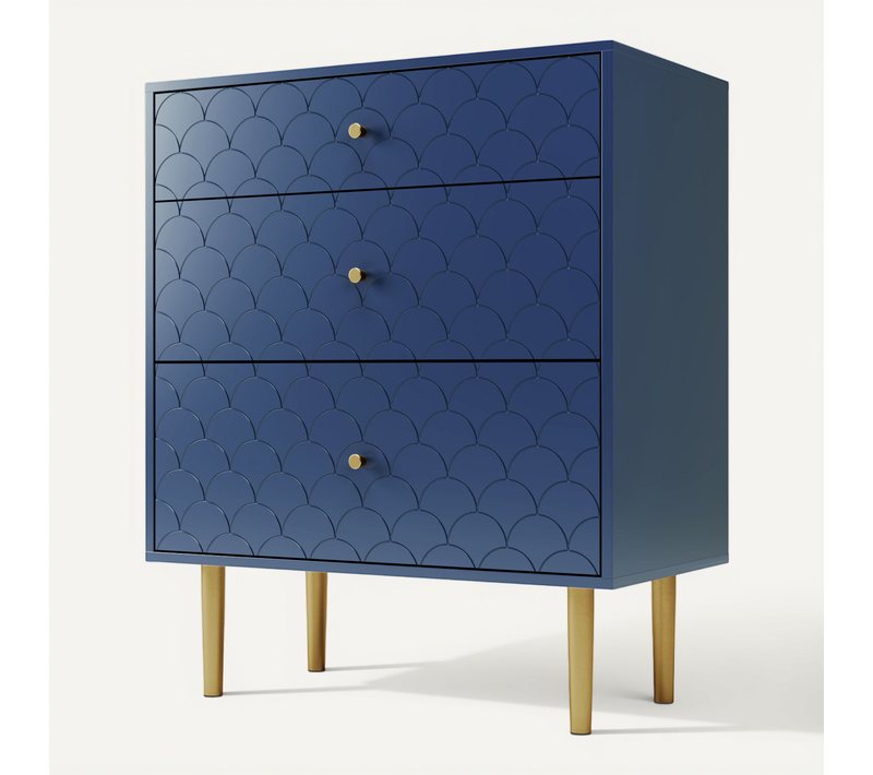 Commode 3 Tiroirs Motif écailles, Rails Discrets, Pieds Hauts 20 Cm, Bleu Marine