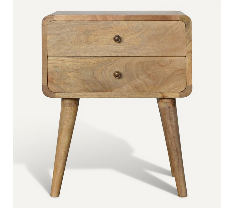 Table De Chevet Arrondie 2 Tiroirs, Style Nordique, Rangement Pratique, Bois Massif