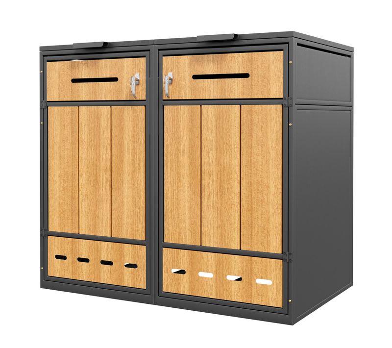 Cache-poubelles Double Avec 2 Compartiments, Couvercle Relevable Et Portes, Acier Gris Effet Bois