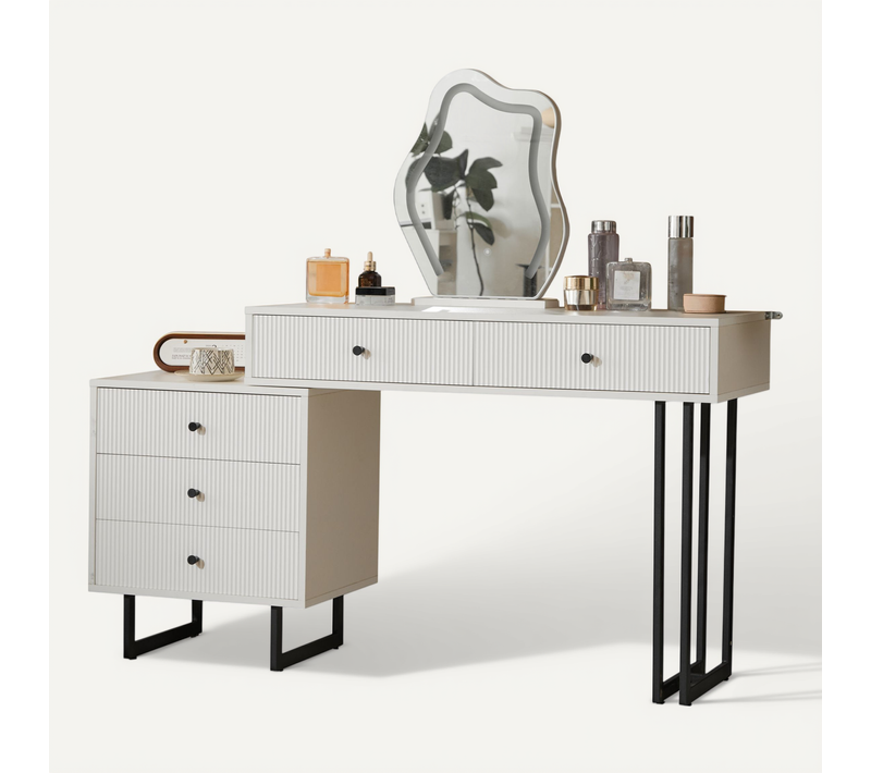 Coiffeuse Avec Miroir LED Réglable, Plateau Modulable, 5 Tiroirs, Rangement Pratique, Blanc