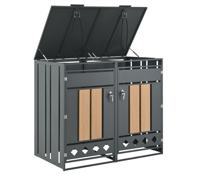 Cache-poubelles 2 Bacs, Couvercle Hydraulique, Portes Verrouillables, Acier Gris Effet Bois