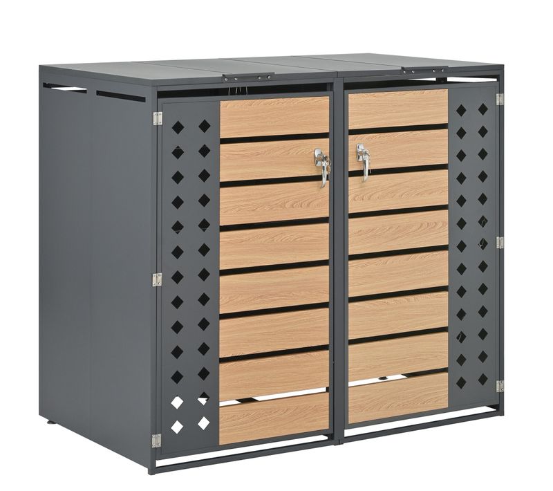 Cache-poubelles Double Avec Couvercle Hydraulique, Portes Verrouillables, Acier Gris/bois