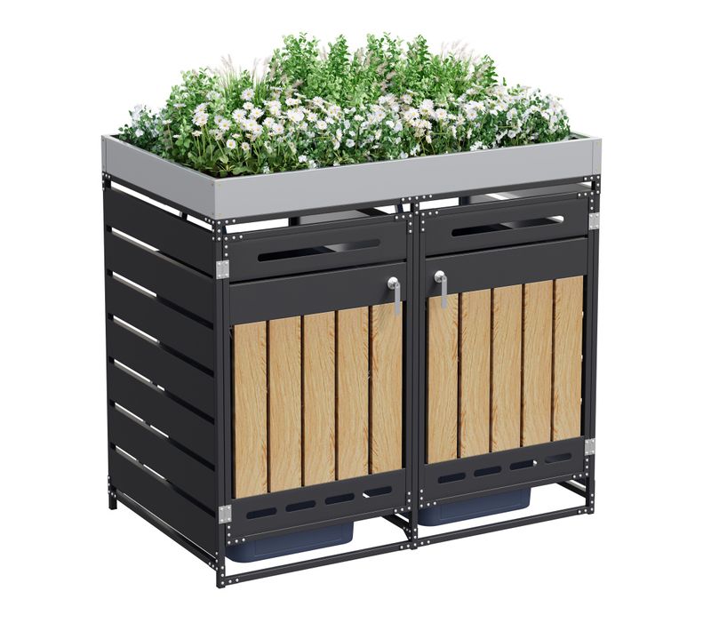 Cache-poubelles Double Avec Jardinière Intégrée, 2 Portes Verrouillables, Fer Noir