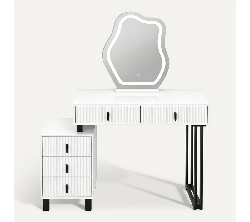 Coiffeuse Avec Miroir LED Amovible, 5 Tiroirs, étagère Latérale Modulable, Mdf Blanc
