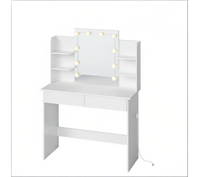 Coiffeuse Avec Miroir LED, 2 Tiroirs Et 4 étagères, 90x40x135 Cm, MDF, Blanc