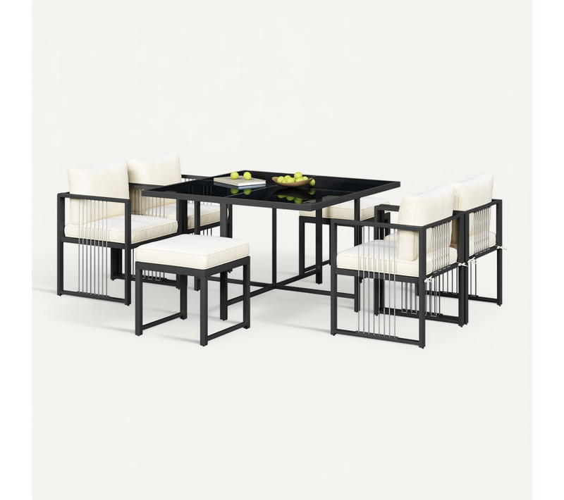 Ensemble Table Et Chaise De Jardin Avec 1 Table, 4 Fauteuils Et 2 Poufs, Polyester, Noir