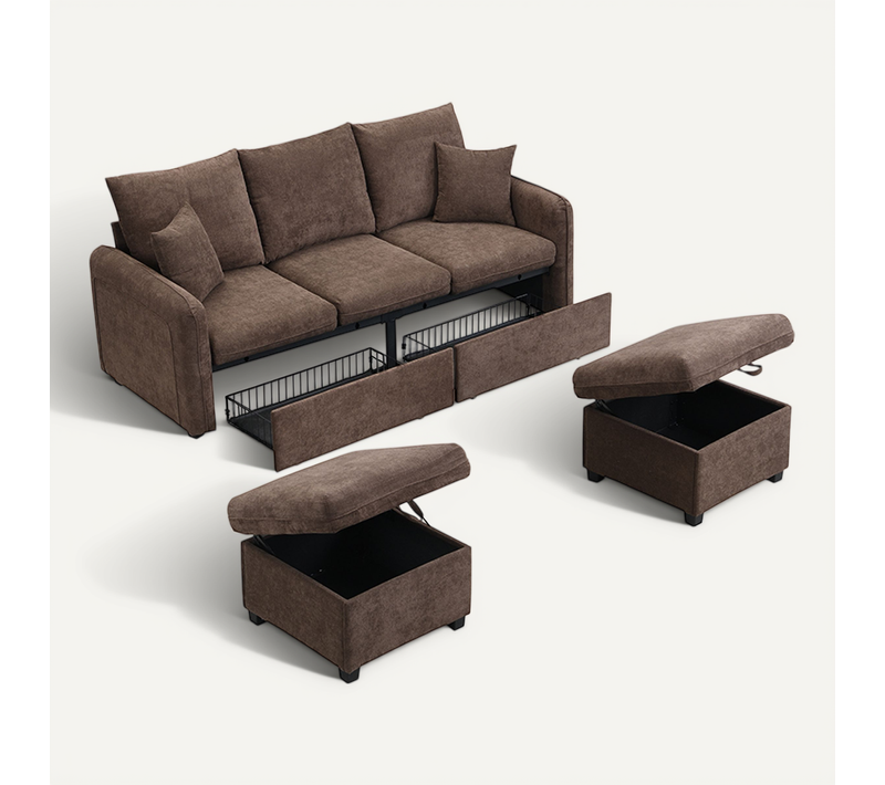 Canapé Compressé Panoramique En U 3 Places, Avec Rangement Et 2 Poufs, Chenille, Marron