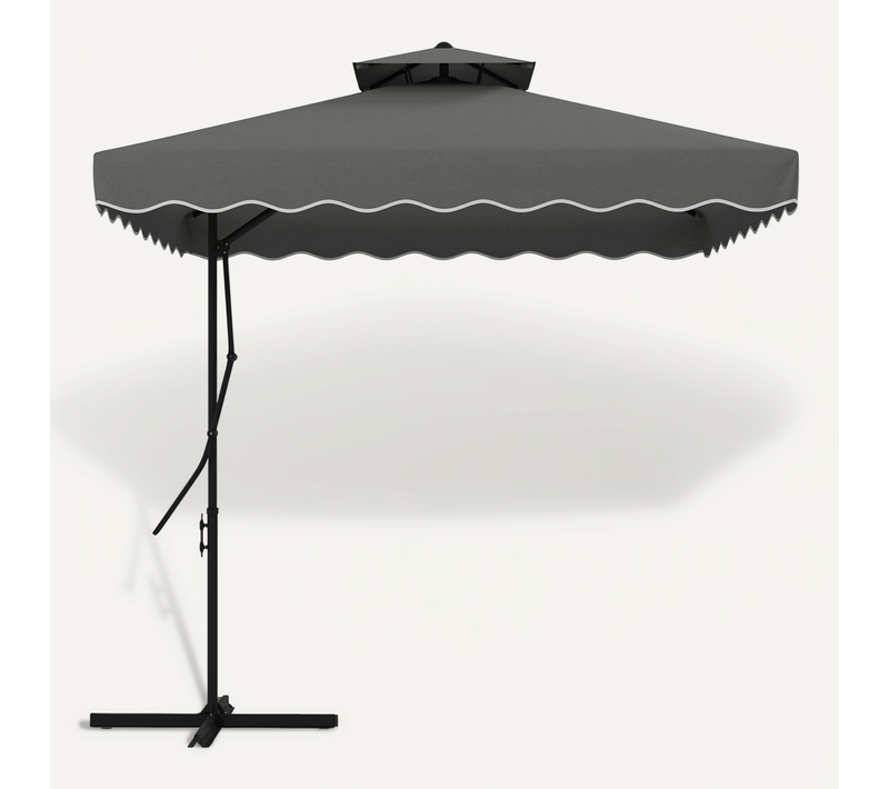 Parasol Déporté Avec Manivelle, Double Toit Ventilé Et Bord Ondulé, Polyester Gris Foncé