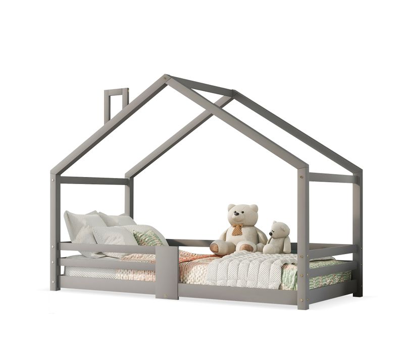 Lit Cabane 90 × 200 Cm Avec Barrière De Sécurité Et Sommier à Lattes, Bois Massif Gris