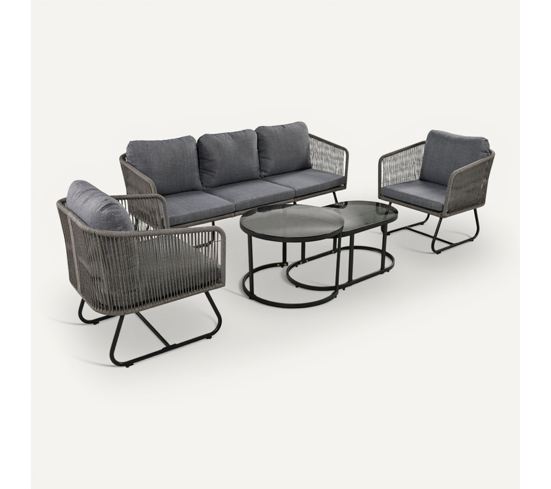 Salon De Jardin Avec Canapé 3 Places, 2 Fauteuils Et 2 Tables - Coussins - Métal - Gris