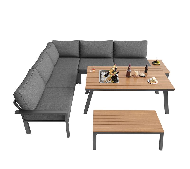 Salon De Jardin 6 Places En Polyester Avec 2 Canapés, Angle, Table Et Banc - Gris