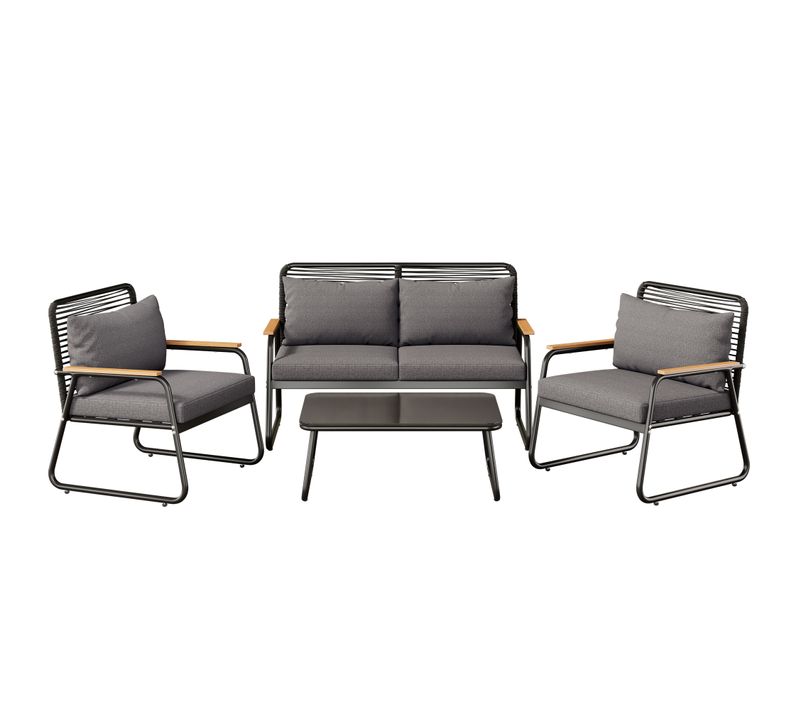 Salon De Jardin 4 Places Avec Canapé 2 Places, 2 Fauteuils Et Table Basse - Polyester - Noir