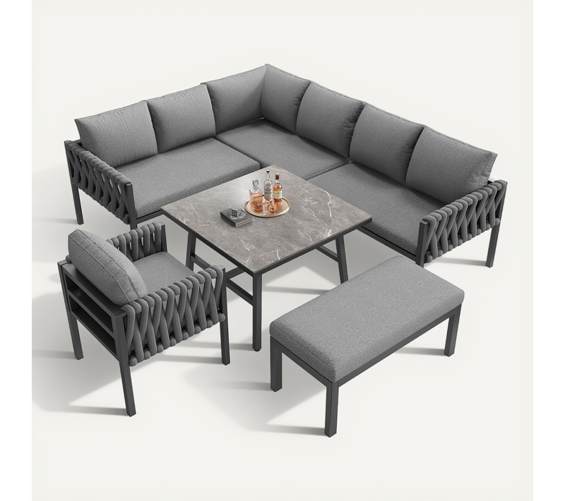 Salon De Jardin 7-8 Places En Métal Avec 2 Canapés, Fauteuil, Banc, Table Et Coussins - Gris