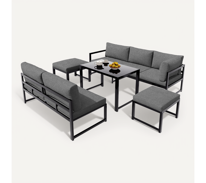 Salon De Jardin Avec 2 Banquettes, 2 Poufs Et Table - Aluminium - Noir Et Gris