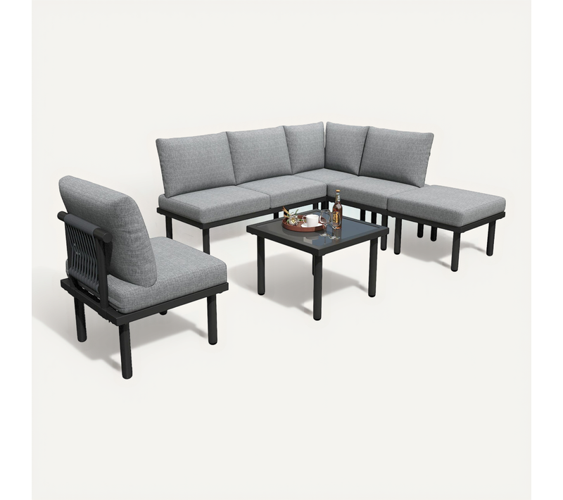 Salon De Jardin 6 Pièces En Olefin Avec Coussins Et Table Basse - Corde Tressée - Gris