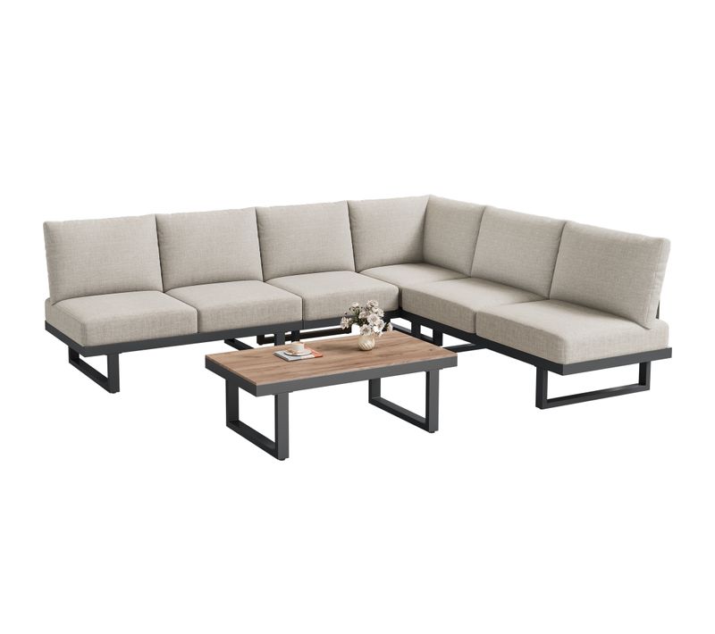 Salon De Jardin Avec Canapé D'angle Et Table Basse - Lit Convertible - Polyester - Gris