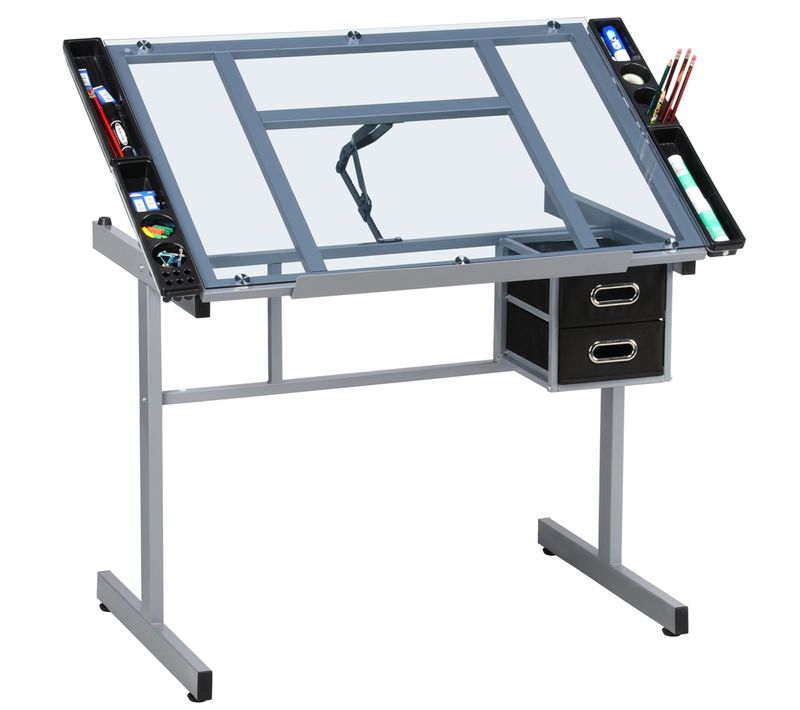 Table à Dessin Inclinable Avec 2 Tiroirs Et Grand Plan De Travail Relevable 0°-60°, Noir
