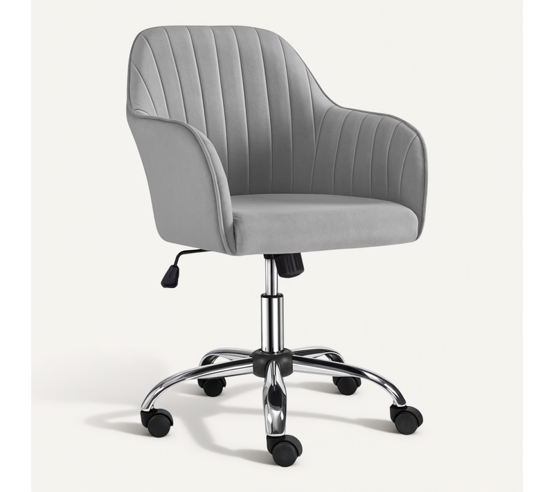 Chaise De Bureau Moderne En Velours Avec Roulettes Et Assise Réglable En Hauteur, Gris Clair