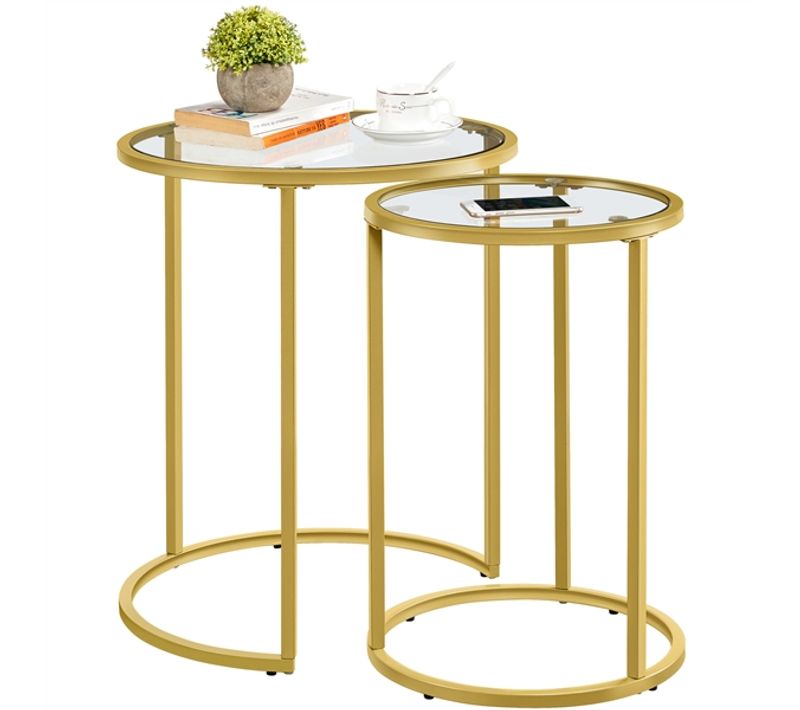 Lot De 2 Tables D'appoint Salon En Verre Trempé Doré Moutarde