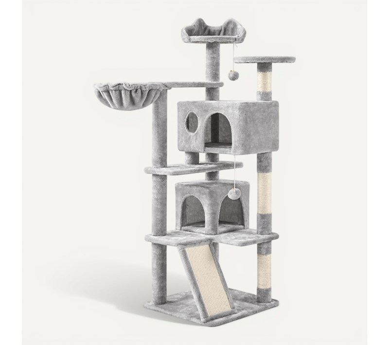 Arbre À Chat 3 Plateformes 2 Niches 2 Pompons Suspendus Hauteur 139 Cm Gris Clair