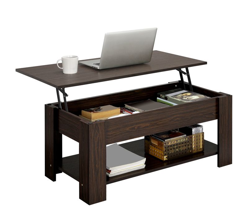 Table Basse Relevable Table De Salon Rectangulaire Avec Etagère Rangement Marron