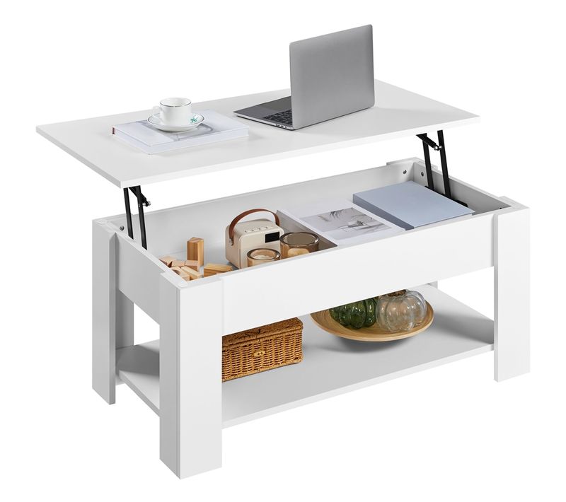 Table Basse Relevable Table De Salon Rectangulaire Avec Etagère Rangement Blanche