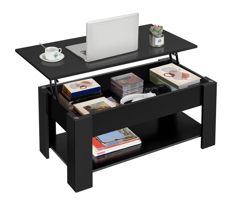 Table Basse Relevable Table De Salon Rectangulaire Avec Etagère Rangement Noir