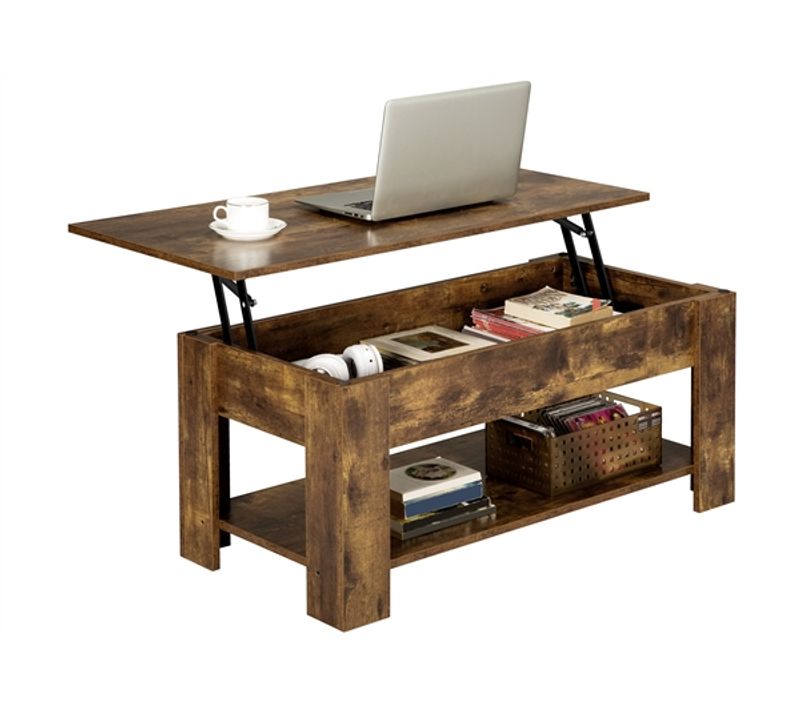 Table Basse Relevable Table De Salon Rectangulaire Avec Etagère Rangement Brun Rustique