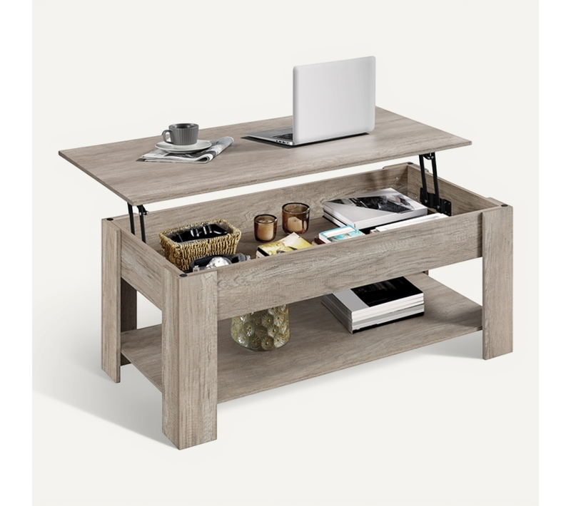 Table Basse à Plateau Relevable Avec Compartiment Caché Et Étagère De Rangement Gris