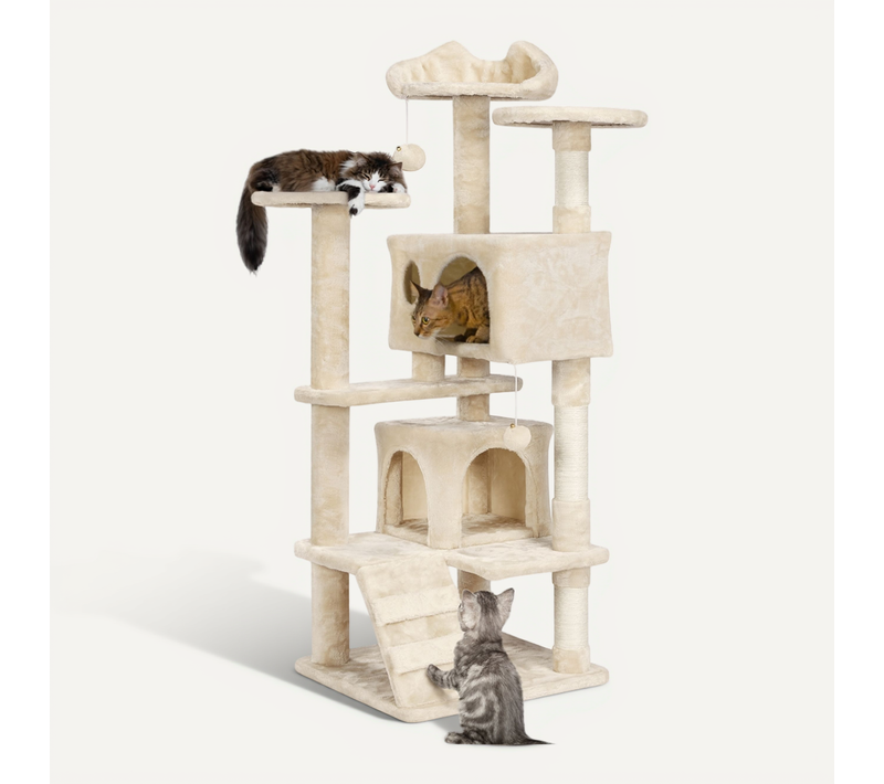 Arbre à Chat Avec 2 Niches Multi-niveaux Hauteur 137cm Idéal Pour 3-4 Chats