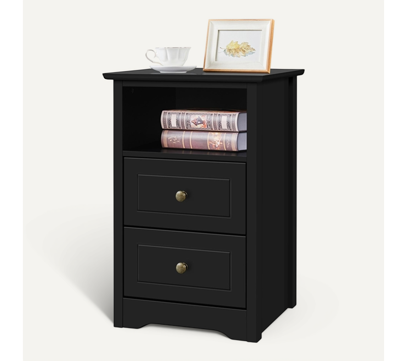 Table De Chevet Blanche, Table De Nuit En Bois, 40 X 35 X 60 Cm, 2 Tiroirs Noir