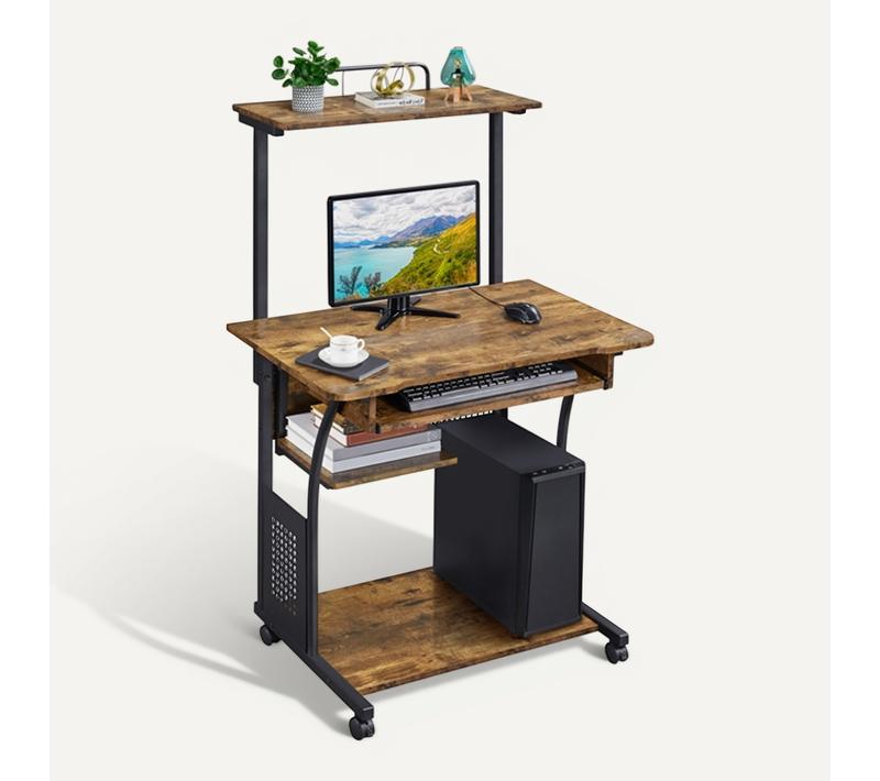Bureau Informatique Avec 3 Tablettes De Rangement Table Ordinateur 80 X 50 X 132 Cm Marron Rustique